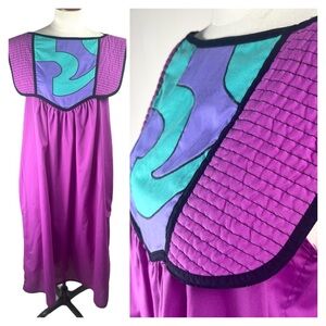 Vintage 1980s Bill Tice Purple Blue  Teal Dress Quilted Accent Size Large
